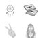 Amulet, hippie girl, freedom sign, old cassette.Hippy set collection icons in monochrome style vector symbol stock