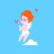 Amur or Cupid sends kisses flat vector illustration on blue background with hearts.