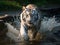 Amur tiger running in water. Danger animal tajga Russia. Animal in forest stream. Grey Stone river droplet