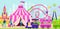 Amusement entertainment park, family attend roller coaster place, little children ride kid railway flat vector