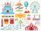 Amusement park attractions. Carnival kids carousel, ferris wheel attraction and amusing fairground entertainments vector