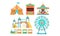 Amusement Park Attractions Set, Carousels,Circus Tent, Ticket Booth, Ferris Wheel Vector Illustration