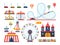 Amusement park attractions. Train, ferris wheel, carousel and roller coaster flat vector icons