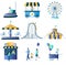 Amusement park attractions vector flat icon set