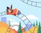 Amusement park backdrop with people riding roller coaster, vector illustration.