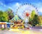 Amusement park carousel attraction. Watercolor painting. Cityscape. Urban sketch.