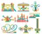 Amusement park design elements set, merry go round, inflatable trampoline, free fall tower, castle, carousel with horses