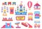 Amusement park elements, festival or carnival fairground games. Roller coaster, train, carousel, circus tent, fair