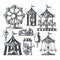 Amusement park fairground games and attractions icons black set isolated vector