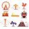 Amusement park with family attractions set of colorful cartoon vector Illustrations