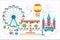 Amusement park flat line vector illustration. Circus, ferris wheel, attractions, aerostat balloon in air.