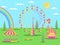 The amusement park flat style. A Ferris wheel, a merry-go-round with horses and a swing. Sunny weather with a rainbow. Vector