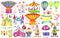 Amusement park hand drawn set. Circus and carnival theme. Ferris wheel, fair ride, carousels, attraction, air balloons, clowns and