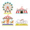 Amusement park illustration of attractions rides, circus tent, merry-go-round carousel and observation wheel or roller