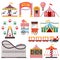 Amusement park isolated icons. Vector flat illustration of circus tent, carousel, ferris wheel. Carnival design elements