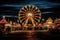 Amusement park at night with colorful ferris wheel and people, State Fair Carnival Midway Games Rides Ferris Wheel, AI Generated