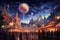 Amusement park with people and balloons at night. Digital painting, A carnival scene filled with joyous people and bright lights,