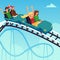 Amusement park roller coaster attraction with people flat vector illustration.
