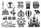 Amusement park silhouette elements, carnival fairground attractions. Kids carousel, roller coaster, circus tent, funfair