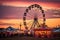 Amusement park at sunset with a Ferris wheel in the foreground, State Fair Carnival Midway Games Rides Ferris Wheel, AI Generated