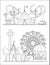 Amusement park, urban landscape with carousels, roller coaster and air balloon coloring book page. Circus, Fun fair and