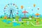 Amusement park vector flat illustration at daytime with ferris wheel, circus, carousel, attractions, landscape and city