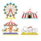 Amusement park vector illustration of attractions rides, circus tent, merry-go-round carousel and observation wheel or