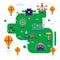 Amusement park vector illustration. Summer fairground map in flat style, carousel, train and roller coaster location