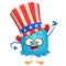 Amusing fluffy blue cartoon monster wearing Uncle Sam hat. Design character for Independence Day. Vector illustration