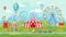 Amusing park festival. Amusement attractions landscape, kids carousel and ferris wheel attraction vector illustration