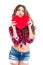 Amusing woman holding red heart and making funny duck face