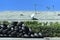 ANAHEIM, CALIFORNIA - 17 SEPT 2023: A stack of old used tires behind a tire shop