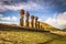 Anakena beach, Easter Island - July 10, 2017: Moai altar of Anakena beach, Easter Island