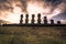 Anakena beach, Easter Island - July 10, 2017: Moai altar of Anakena beach, Easter Island