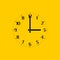 Analog vector clock face over yellow, with regular arabic numerals. Part of an analog clock, or watch