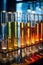 Analysing glass test tubes samples in a science laboratory