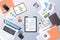Analysis financial graph business planning management concept top angle view desktop laptop smartphone checklist paper
