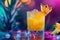 Ananas Margarita Cocktail on Neon Background, Pineapple Tropical Mocktail, Beach Party Coctail