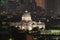 Ananta Samakhom Throne Hall and skyscraper buildings at night in urban city, Bangkok, Thailand. Royal king palace