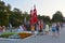 Anapa, Russia, July, 11, 2018. People walking on the promenade next to the sailboat `Scarlet sails` in the evening on Anapa resort