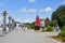 Anapa, Russia, July, 18, 2018. People walking on the promenade next to the sailboat `Scarlet sails` on Anapa resort in sunny day