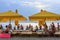 Anapa, Russia - July 26, 2017: Malaya Bay in Anapa resort. People rest on stony beach of Black Sea by Malaya Bukhta sanatorium .