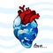 Anatomical heart with blue waves of water, cooling a hot heart and the inscription LOVE. Vector