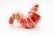 Anatomical model of human stomach, tied with rope lying on white background. Idea for stomach cramps, strong sensations or feeling