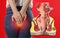 Anatomical model of rectum with hemorrhoids and woman suffering from pain on red background, closeup