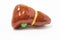 Anatomical volume 3D shape of human liver with gallbladder lies on white uniform background close up isolated. Photos for use in