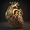 Anatomically detailed golden model of Human heart,  on black background. Generative AI