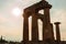 Anchient ruins of temple in Corinth, The lights of sun brights through. Greece - archaeology background