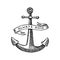 Anchor engraved vintage in old hand drawn or tattoo style, drawing for marine, aquatic or nautical theme, wood cut, blue