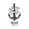 Anchor engraved vintage in old hand drawn or tattoo style, drawing for marine, aquatic or nautical theme, wood cut, blue